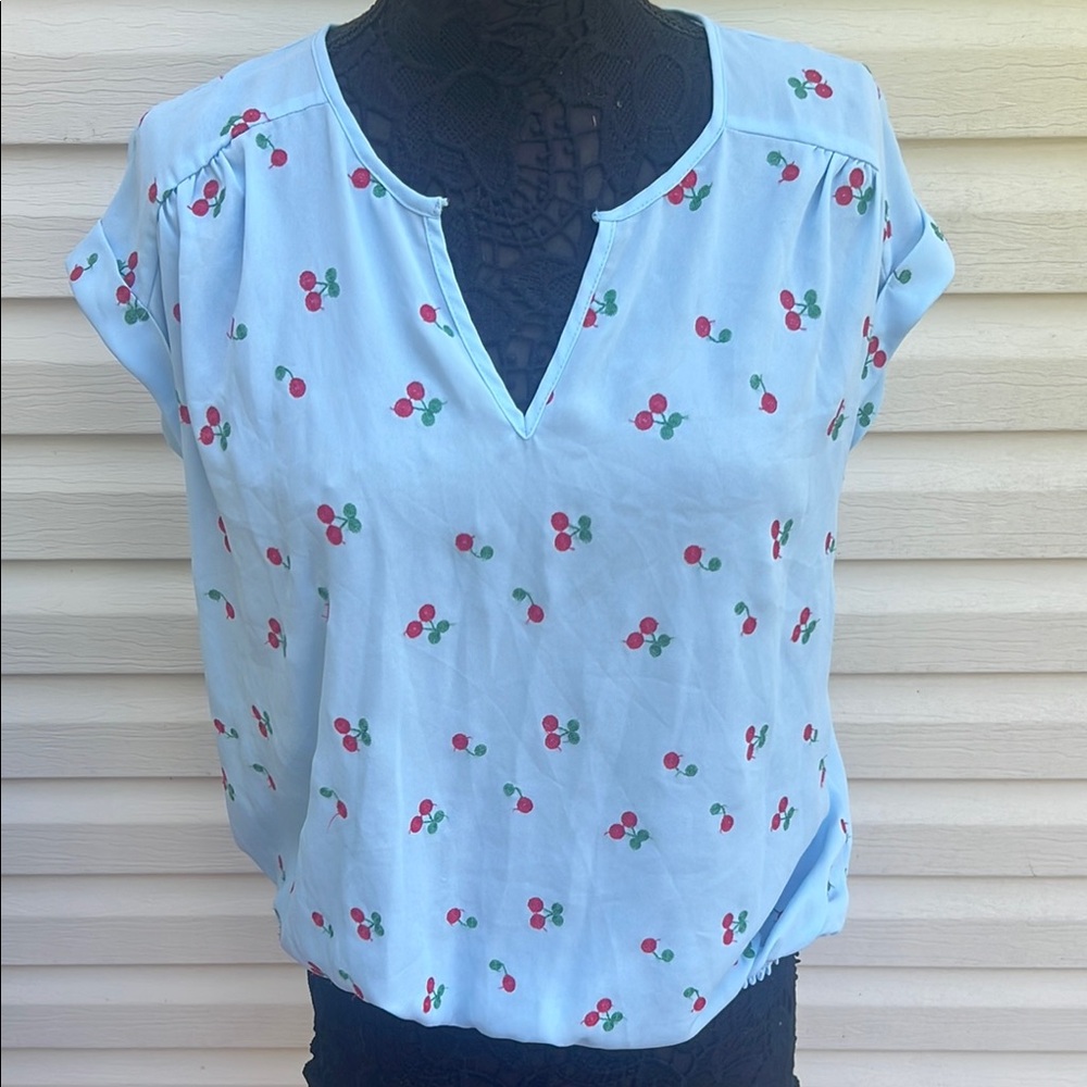 New York & Company Light Blue Cherry Print Blouse